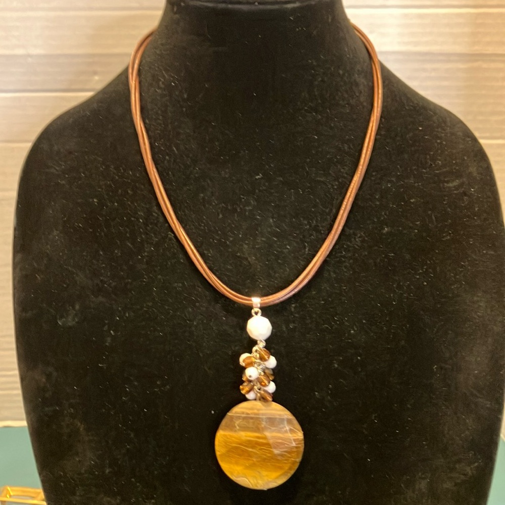 Tigers Eye Necklace Leather and silver tone faceted glass and acrylic beads